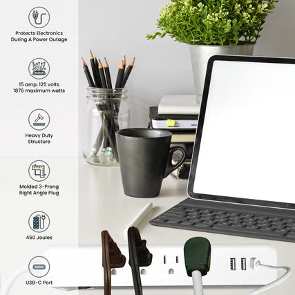 GoGreen Power GG-1462USBC 4 OUTLET WHITE SURGE PROTECTOR, 450 JOULES, 2 USB + USBC 3.4 AMPS