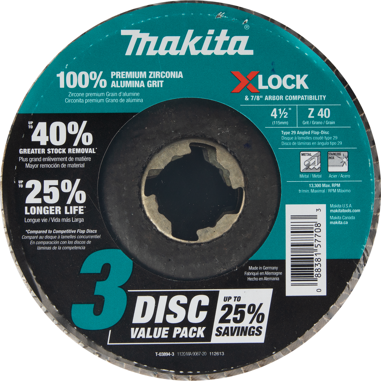 Makita T-03894-3 X‘LOCK 4‘1/2" 40 Grit Type 29 Angled Grinding and Polishing Flap Disc for X‘LOCK and All 7/8" Arbor Grinders, 3/pk