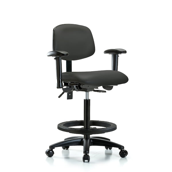 Blue Ridge Ergonomics VHBCH-RG-T1-A1-BF-RC-8605 Rutledge Vinyl Chair - High Bench Height with Seat Tilt, Adjustable Arms, Black Foot Ring, & Casters in Charcoal Trailblazer™ Vinyl