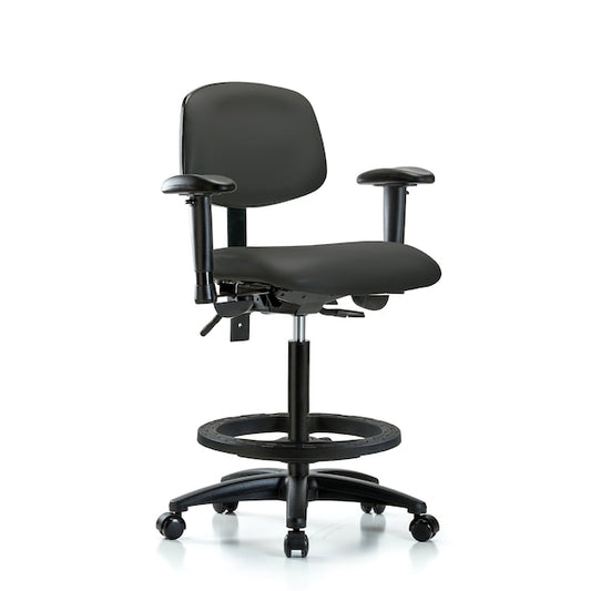 Blue Ridge Ergonomics VHBCH-RG-T1-A1-BF-RC-8605 Rutledge Vinyl Chair - High Bench Height with Seat Tilt, Adjustable Arms, Black Foot Ring, & Casters in Charcoal Trailblazer™ Vinyl