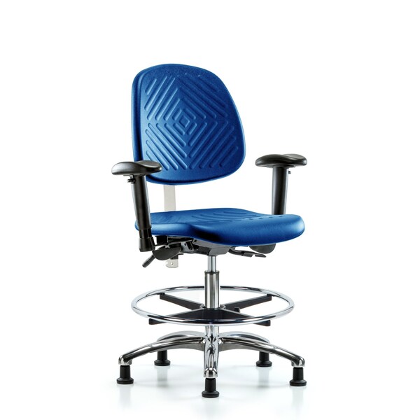 Blue Ridge Ergonomics NCR-PMBCH-MB-CR-T1-A1-CF-RG-BLU CL100 Polyurethane Clean Room Chair - Medium Bench Height with Medium Back, Seat Tilt, Adj Arms, Chrome Foot Ring, & Stationary Glides in Blue Polyurethane