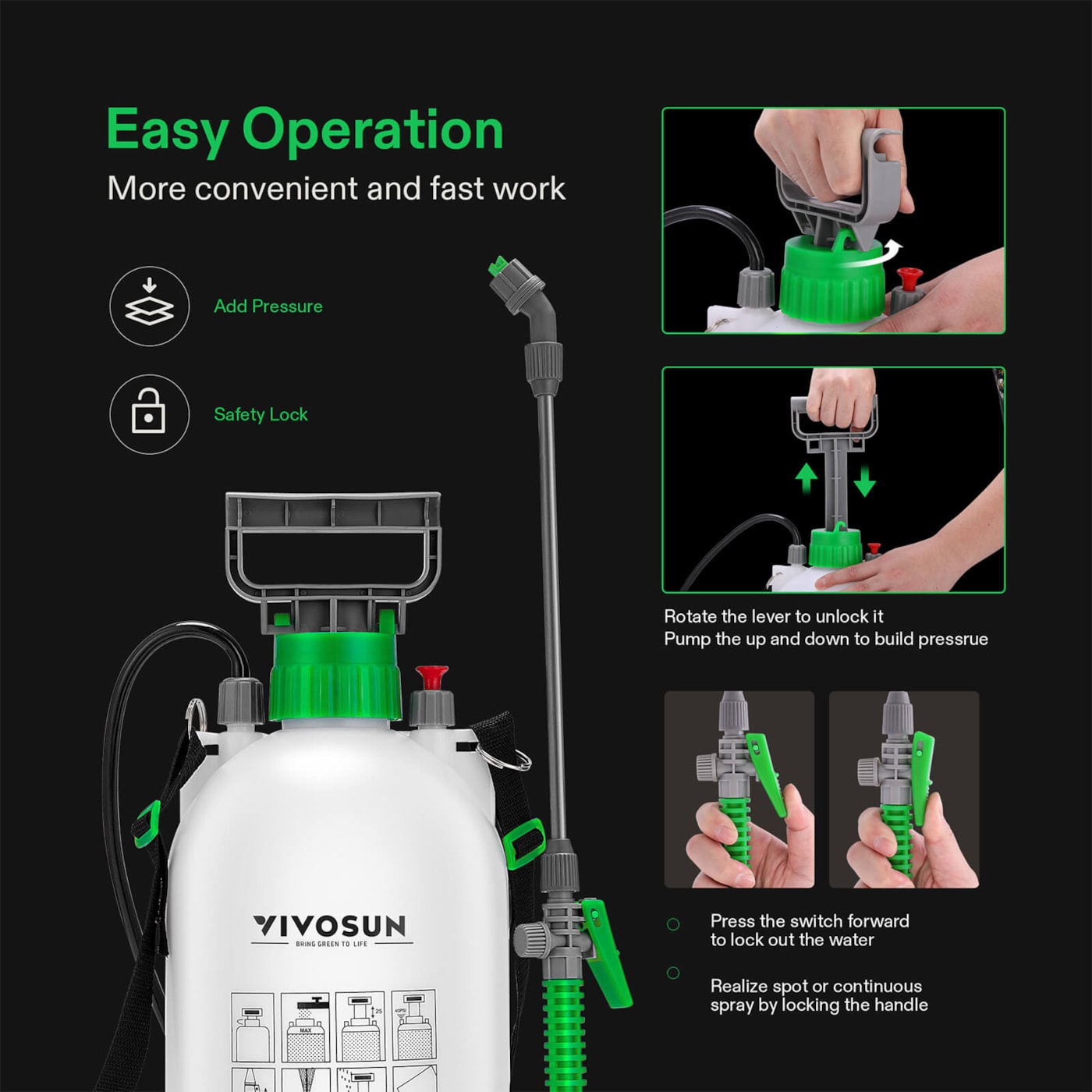 Vivosun 1.3 Gallon Pressure Sprayer 3 Water Nozzles with Adjustable Shoulder Strap