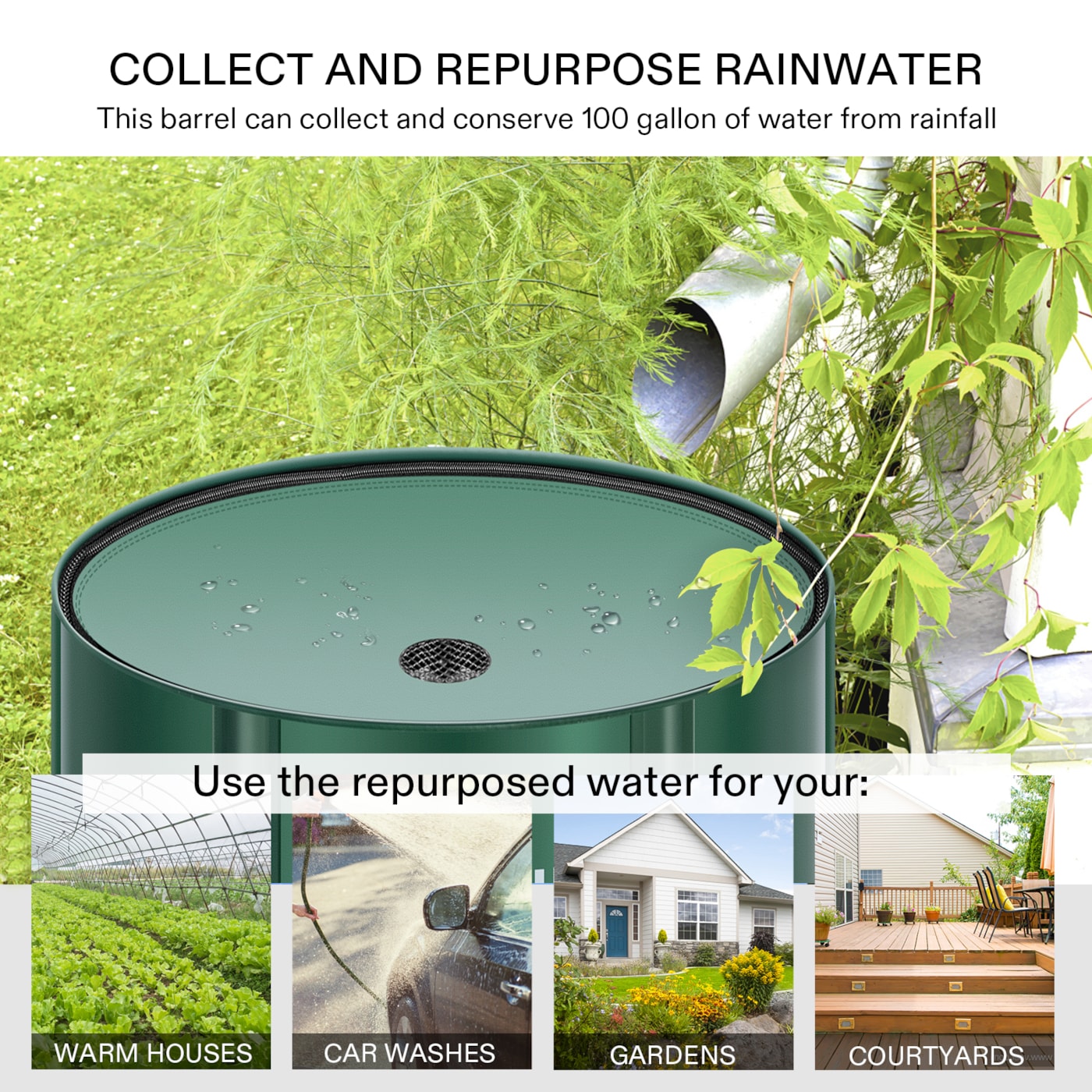Vivosun Collapsible Rain Barrel, 100 Gallon, Green