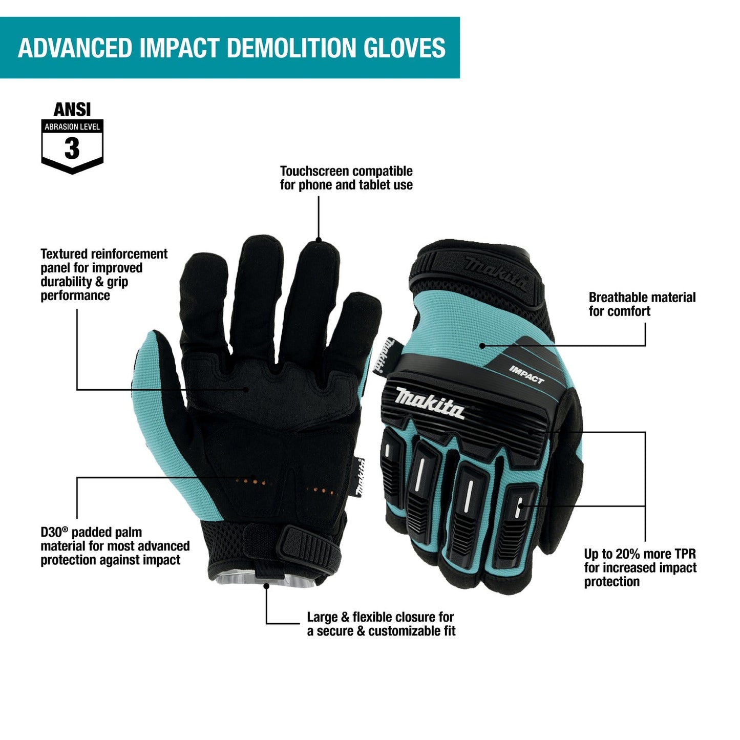 Makita T-04254 Advanced Impact Demolition Gloves (Large)