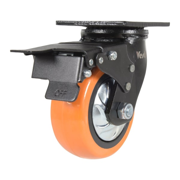 Vestil CST-E6-5X2PUP-SWTB Polyurethane Swivel With Total Brake Caster 5 In. Diameter x 2 In. Width 639 lb Orange/Silver