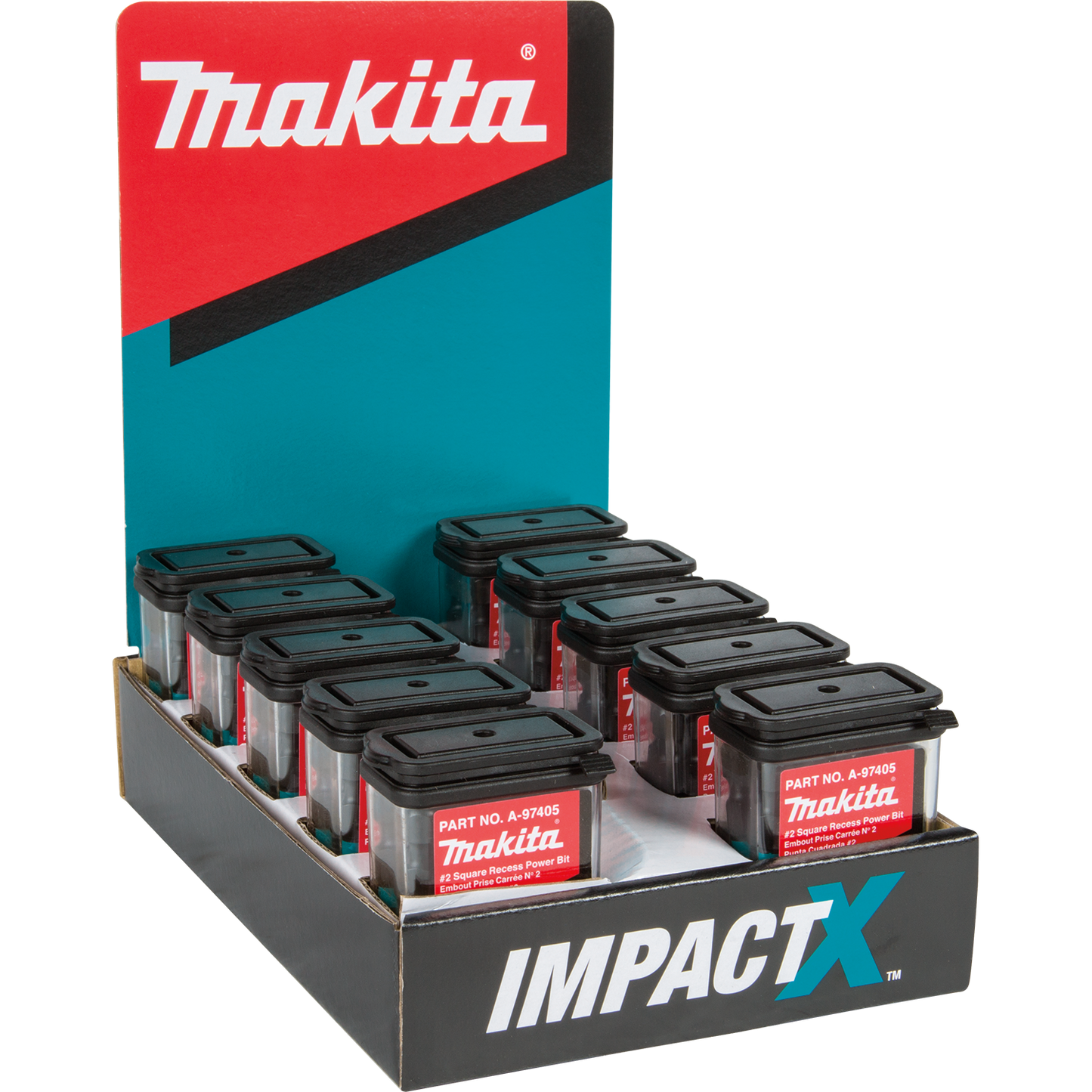 Makita A-97405-10 ImpactX, #2 Square Recess 2³ Power Bit, 10 x 15/pk, Display