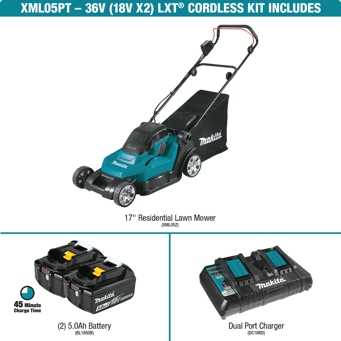 Makita XML05PT 36V (18V X2) LXT® 17" Residential Lawn Mower Kit (5.0Ah)