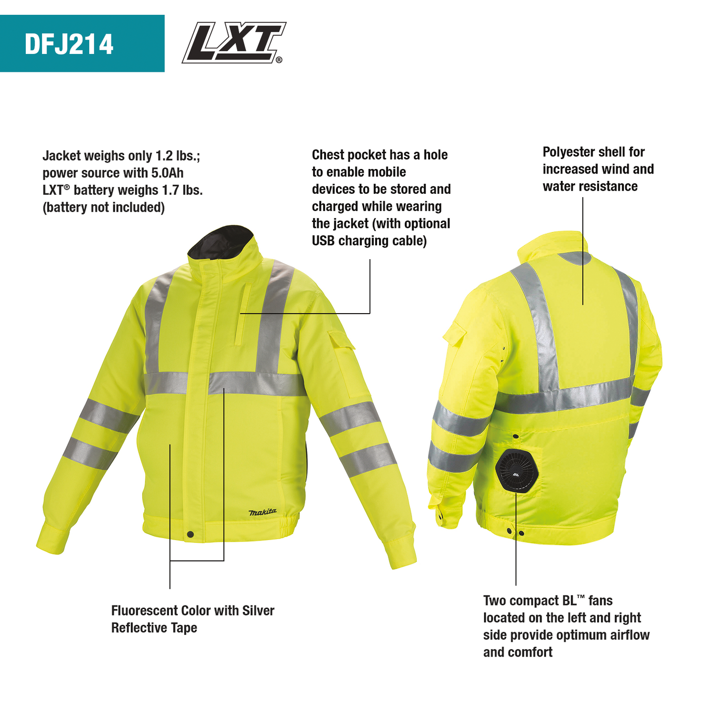 Makita DFJ214ZL 18V LXT® Lithium‘Ion Cordless High Visibility Fan Jacket, Jacket Only (L)