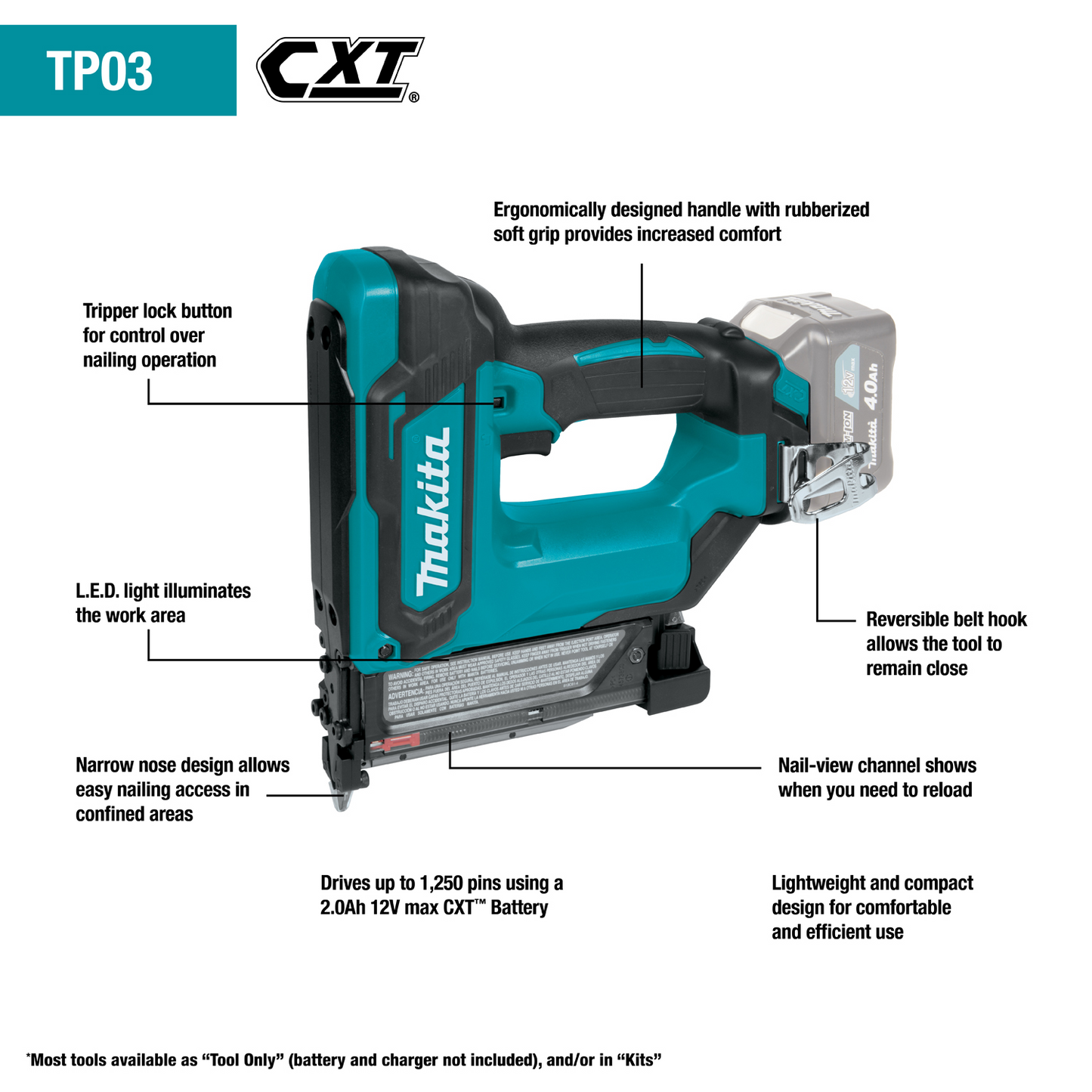 Makita TP03Z 12V max CXT® Lithium‘Ion Cordless Pin Nailer, 23 Ga., Tool Only