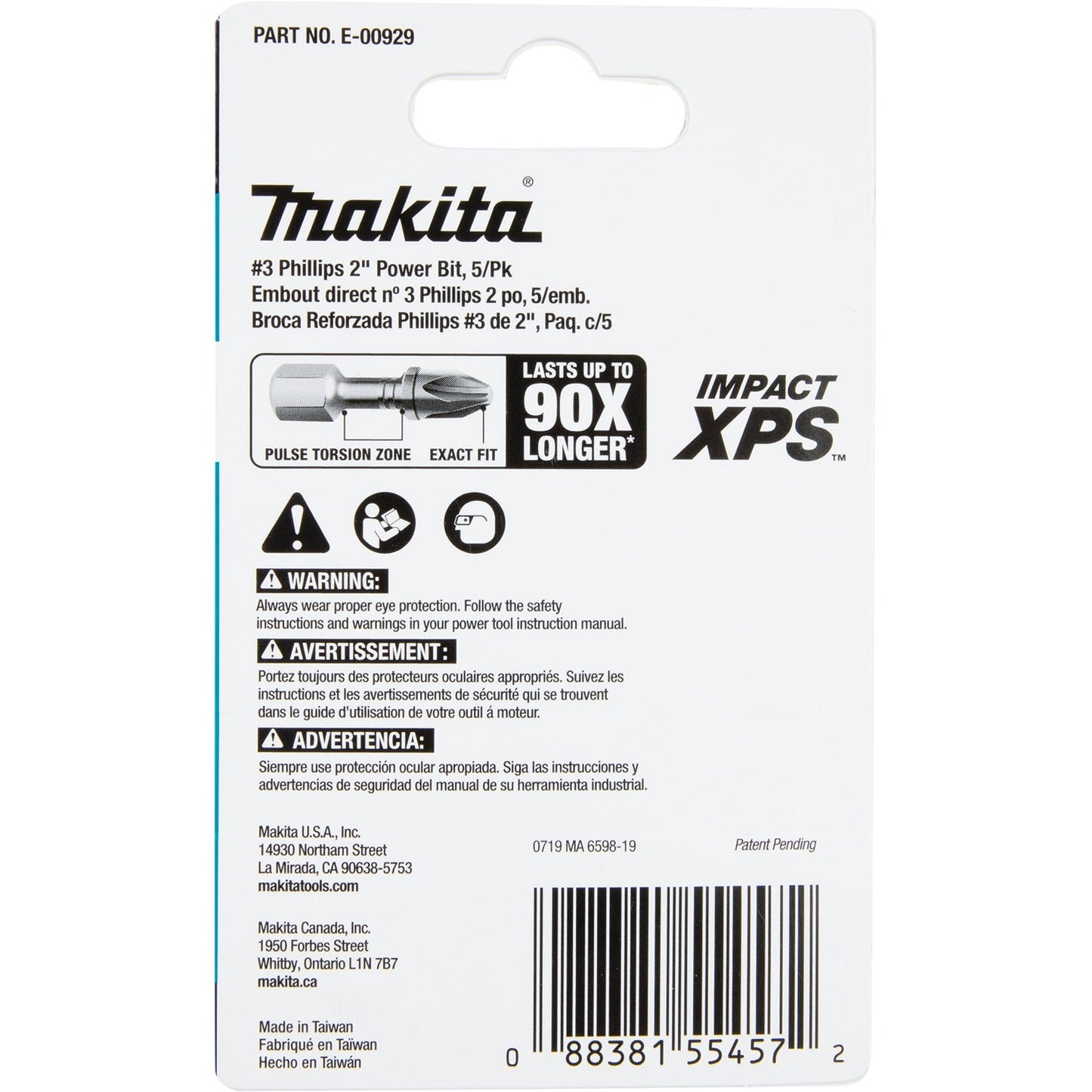 Makita E-00929 Impact XPS® #3 Phillips 2" Power Bit, 5/pk