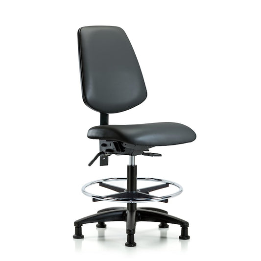 Blue Ridge Ergonomics VHBCH-MB-CR-T1-A0-CF-RG-8823 Rutledge Vinyl Chair Chrome - High Bench Height with Medium Back, Seat Tilt, Chrome Foot Ring, & Stationary Glides in Carbon Supernova™ Vinyl