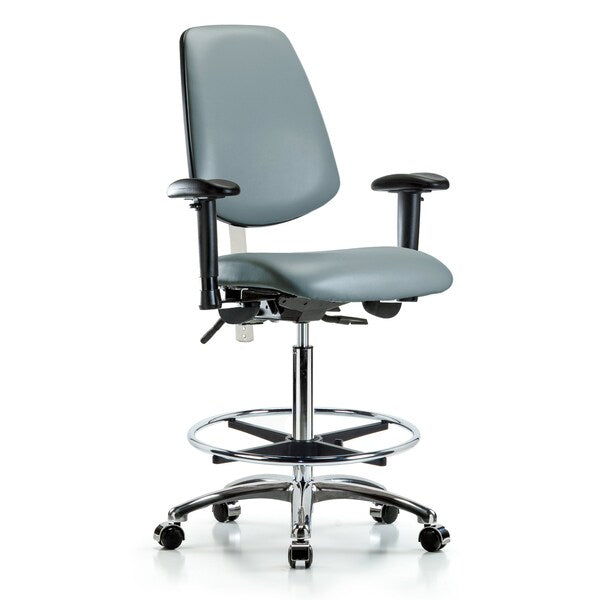 Blue Ridge Ergonomics VHBCH-MB-CR-T0-A1-CF-CC-8822 Rutledge Vinyl Chair Chrome - High Bench Height with Medium Back, Adjustable Arms, Chrome Foot Ring, & Casters in Storm Supernova™ Vinyl