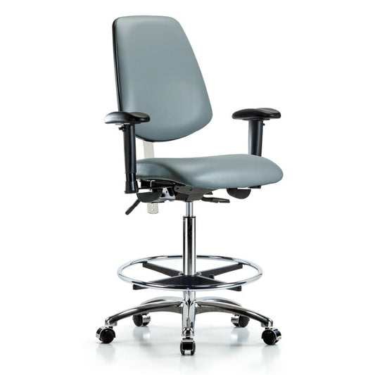 Blue Ridge Ergonomics VHBCH-MB-CR-T0-A1-CF-CC-8822 Rutledge Vinyl Chair Chrome - High Bench Height with Medium Back, Adjustable Arms, Chrome Foot Ring, & Casters in Storm Supernova™ Vinyl