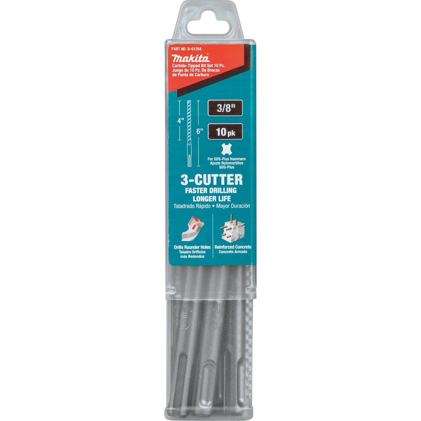 Makita B-61254 3/8" x 6" SDS‘PLUS Bit, 3‘Cutter, 10/pk