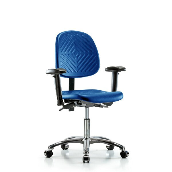 Blue Ridge Ergonomics PDHCH-MB-CR-T1-A1-CC-BLU Polyurethane Chair Chrome - Desk Height with Medium Back, Seat Tilt, Adjustable Arms, & Casters in Blue Polyurethane