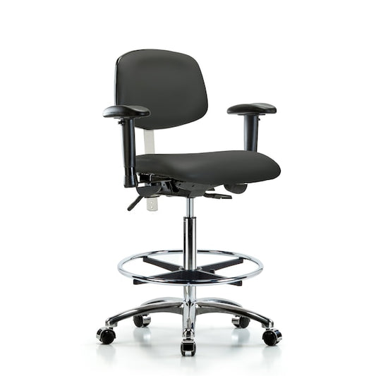 Blue Ridge Ergonomics NCR-VHBCH-CR-T0-A1-CF-CC-8605 Class 100 Vinyl Clean Room Chair - High Bench Height with Adjustable Arms, Chrome Foot Ring, & Casters in Charcoal Trailblazer™ Vinyl