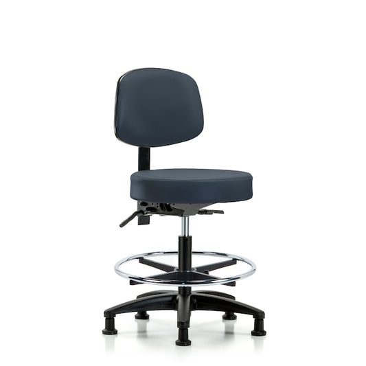 Blue Ridge Ergonomics VMBST-RG-T0-CF-RG-8582 Rutledge Vinyl Stool with Back - Medium Bench Height with Chrome Foot Ring & Stationary Glides in Imperial Blue Trailblazer™ Vinyl