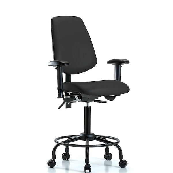 Blue Ridge Ergonomics VMBCH-MB-RT-T1-A1-RC-8540 Rutledge Vinyl Chair - Medium Bench Height with Round Tube Base, Medium Back, Seat Tilt, Adjustable Arms, & Casters in Black Trailblazer™ Vinyl