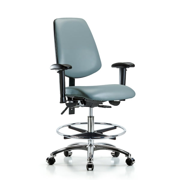 Blue Ridge Ergonomics VMBCH-MB-CR-T1-A1-CF-CC-8822 Rutledge Vinyl Chair Chrome - Medium Bench Height with Medium Back, Seat Tilt, Adjustable Arms, Chrome Foot Ring, & Casters in Storm Supernova™ Vinyl
