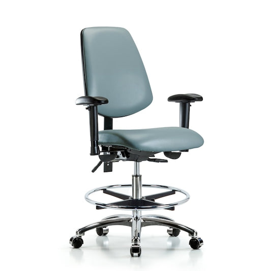 Blue Ridge Ergonomics VMBCH-MB-CR-T1-A1-CF-CC-8822 Rutledge Vinyl Chair Chrome - Medium Bench Height with Medium Back, Seat Tilt, Adjustable Arms, Chrome Foot Ring, & Casters in Storm Supernova™ Vinyl