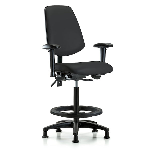 Blue Ridge Ergonomics VHBCH-MB-RG-T0-A1-BF-RG-8540 Rutledge Vinyl Chair - High Bench Height with Medium Back, Adjustable Arms, Black Foot Ring, & Stationary Glides in Black Trailblazer™ Vinyl
