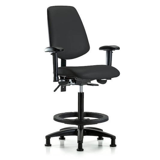 Blue Ridge Ergonomics VHBCH-MB-RG-T0-A1-BF-RG-8540 Rutledge Vinyl Chair - High Bench Height with Medium Back, Adjustable Arms, Black Foot Ring, & Stationary Glides in Black Trailblazer™ Vinyl