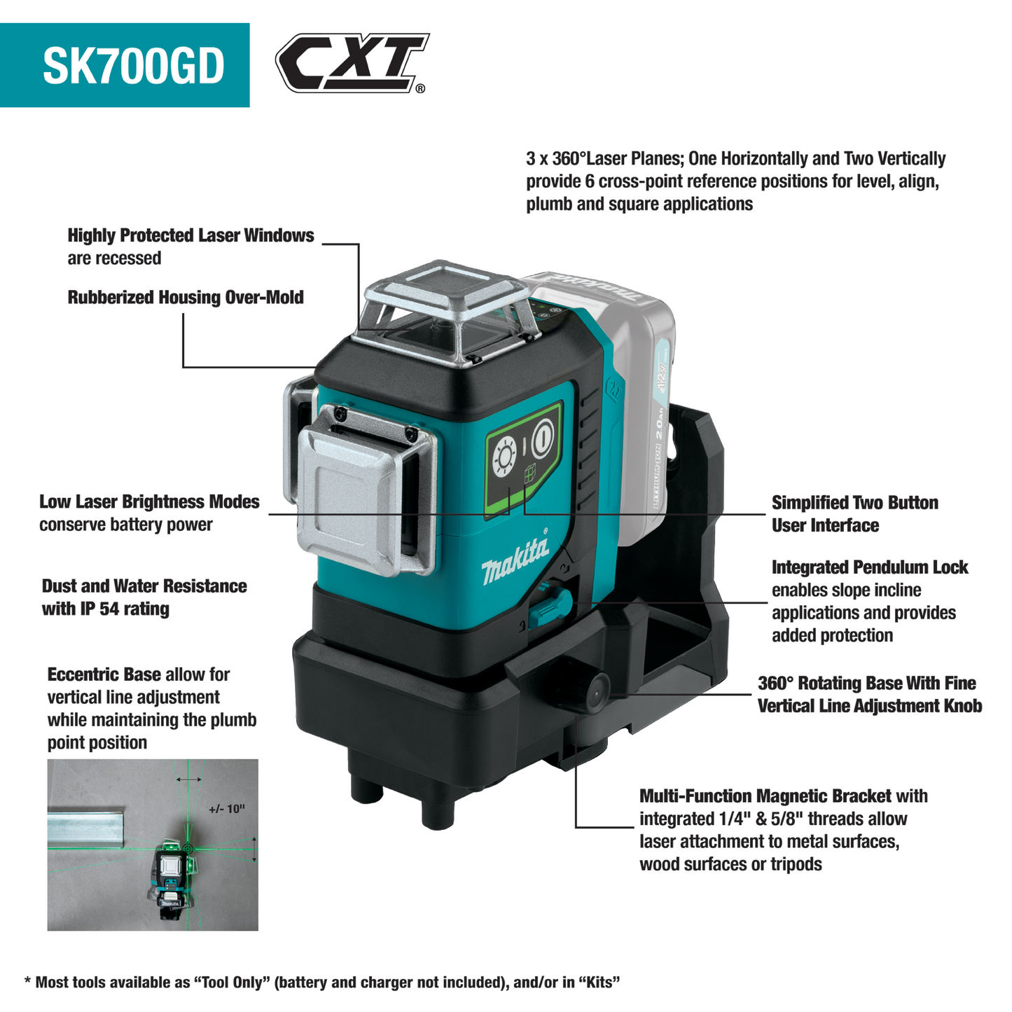 Makita SK700GD 12V max CXT® Lithium‘Ion Cordless Self‘Leveling 360° 3‘Plane Green Laser, Tool Only