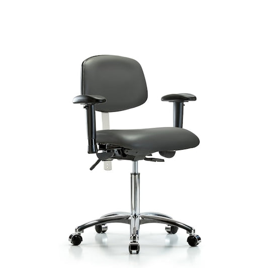 Blue Ridge Ergonomics NCR-VMBCH-CR-T0-A1-NF-CC-8823 Class 100 Vinyl Clean Room Chair - Medium Bench Height with Adjustable Arms & Casters in Carbon Supernova™ Vinyl