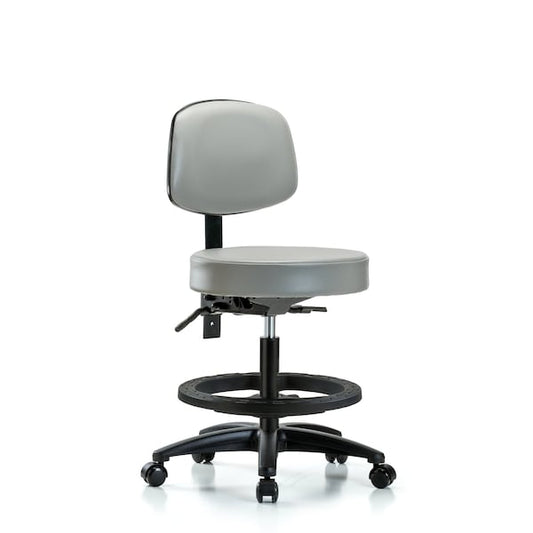 Blue Ridge Ergonomics VMBST-RG-T1-BF-RC-8567 Rutledge Vinyl Stool with Back - Medium Bench Height with Seat Tilt, Black Foot Ring, & Casters in Dove Trailblazer™ Vinyl
