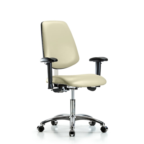 Blue Ridge Ergonomics NCR-VDHCH-MB-CR-T1-A1-CC-8501 Class 100 Vinyl Clean Room Chair - Desk Height with Medium Back, Seat Tilt, Adjustable Arms, & Casters in Adobe White Trailblazer™ Vinyl