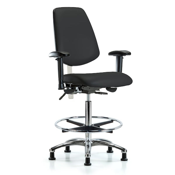 Blue Ridge Ergonomics NCR-VHBCH-MB-CR-T1-A1-CF-RG-8540 CL100 Vinyl Clean Room Chair - High Bench Height with Medium Back, Seat Tilt, Adjustable Arms, Chrome Foot Ring, & Stationary Glides in Black Trailblazer™ Vinyl
