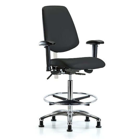 Blue Ridge Ergonomics NCR-VHBCH-MB-CR-T1-A1-CF-RG-8540 CL100 Vinyl Clean Room Chair - High Bench Height with Medium Back, Seat Tilt, Adjustable Arms, Chrome Foot Ring, & Stationary Glides in Black Trailblazer™ Vinyl