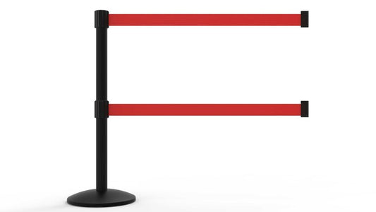 Banner Stakes AL6106B-D QLine Retractable Dual Belt Barrier, Black Post, Red "Danger - Keep Out"