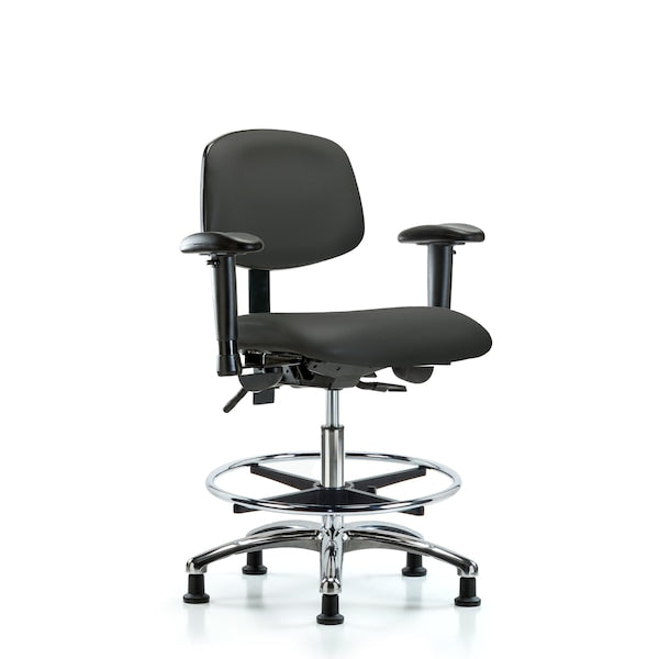 Blue Ridge Ergonomics VMBCH-CR-T0-A1-CF-RG-8605 Rutledge Vinyl Chair Chrome - Medium Bench Height with Adjustable Arms, Chrome Foot Ring, & Stationary Glides in Charcoal Trailblazer™ Vinyl