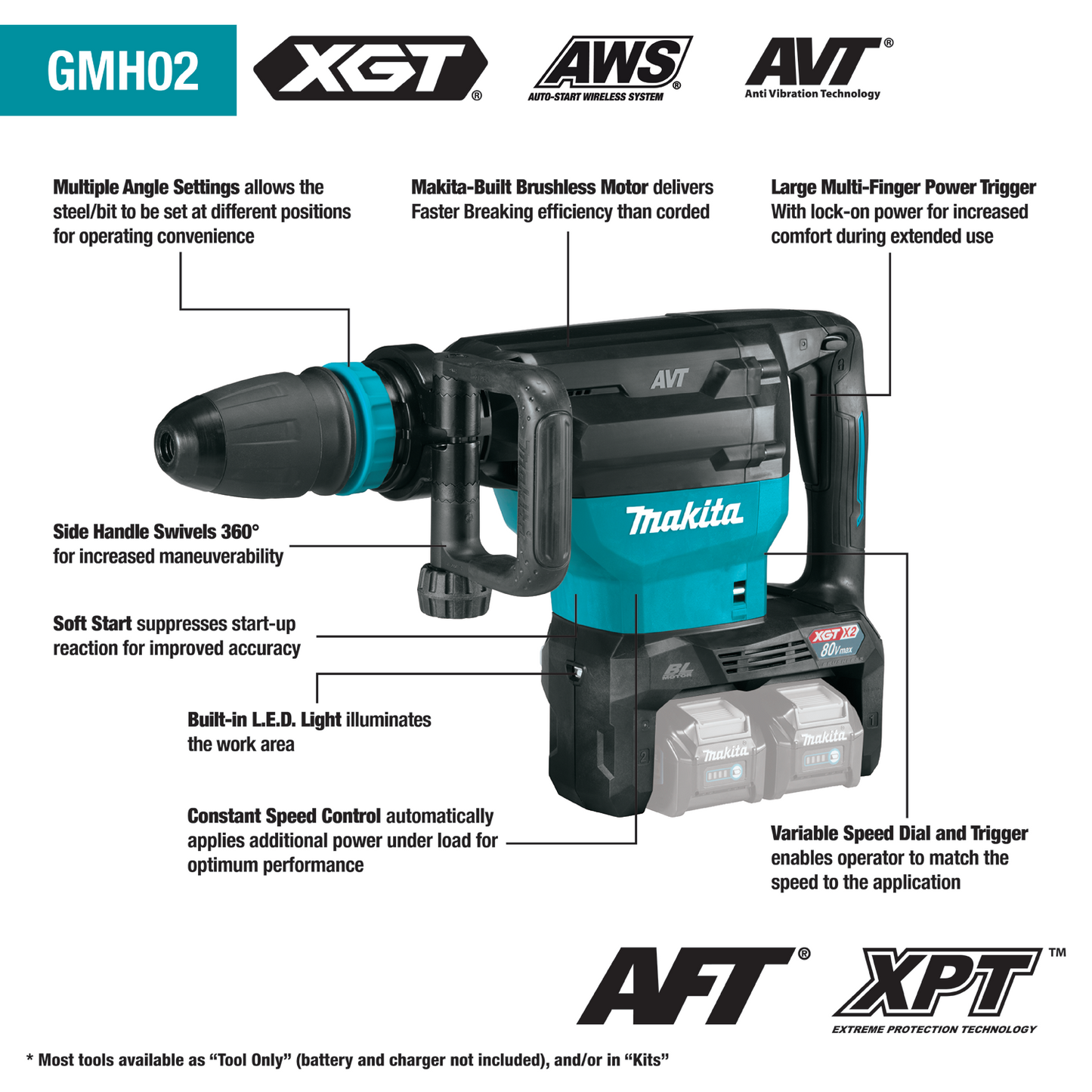 Makita GMH02Z 80V max (40V max X2) XGT® Brushless 28 lb. SDS‘ MAX AVT® Demolition Hammer, AWS® Capable, Tool Only