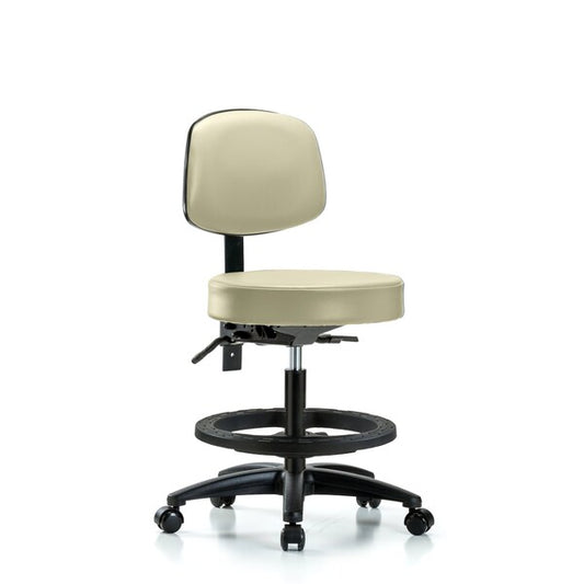 Blue Ridge Ergonomics VMBST-RG-T0-BF-RC-8501 Rutledge Vinyl Stool with Back - Medium Bench Height with Black Foot Ring & Casters in Adobe White Trailblazer™ Vinyl