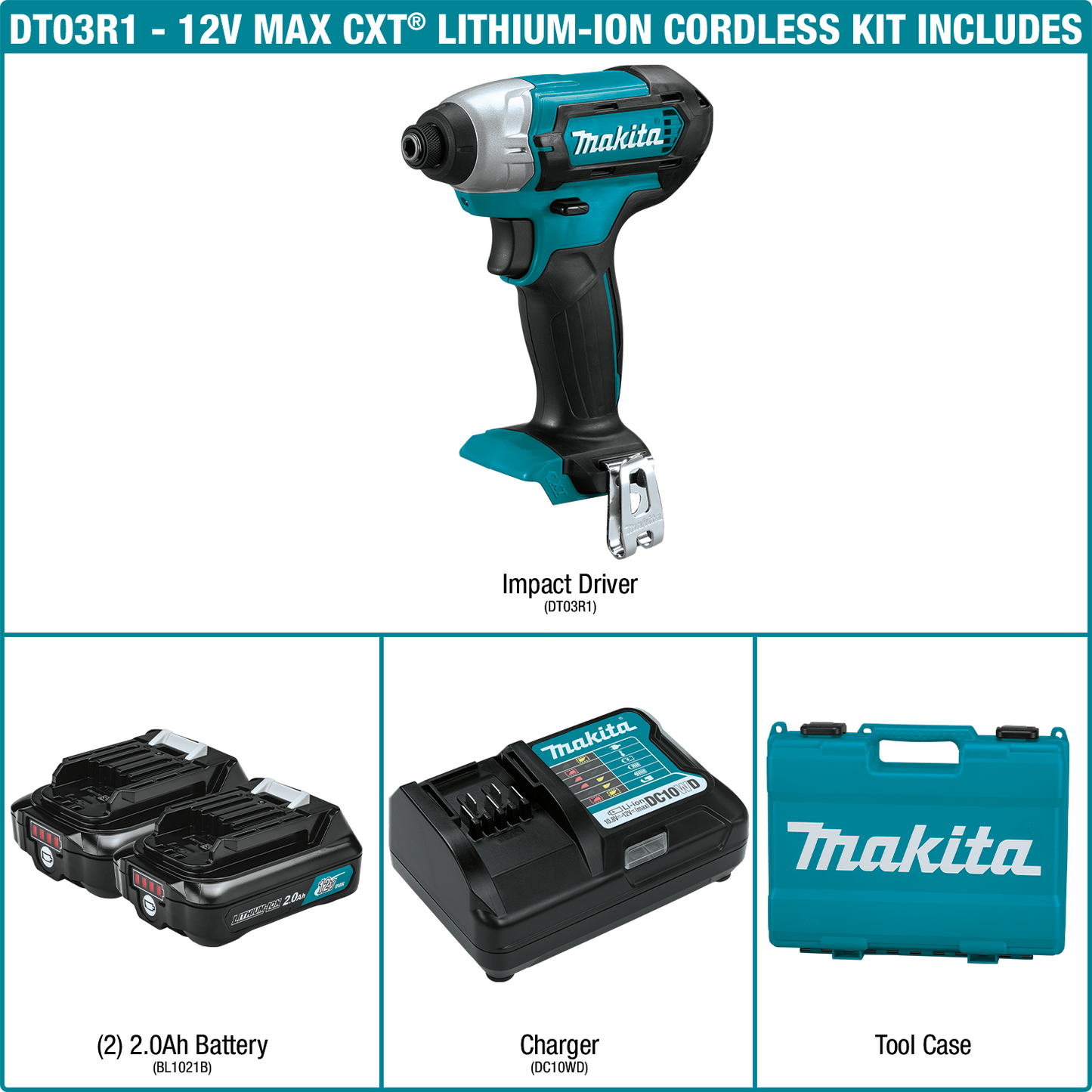 Makita DT03R1 12V max CXT® Lithium‘Ion Cordless Impact Driver Kit (2.0Ah)