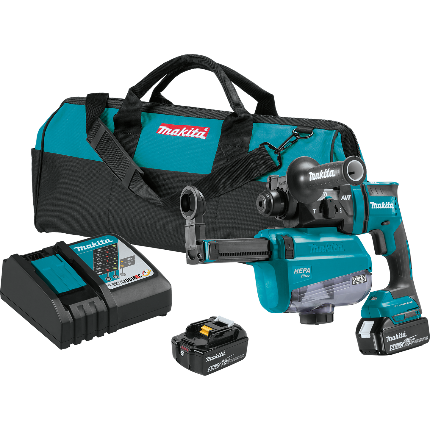 Makita XRH12TW 18V LXT® Lithium‘Ion Brushless Cordless 11/16" SDS‘PLUS AVT® Rotary Hammer Kit, w/ HEPA Dust Extractor, AWS® Capable (5.0Ah)