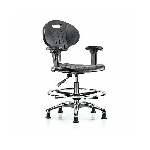 Blue Ridge Ergonomics CLR-TPMBCH-CR-A1-CF-RG-BLK Class 100 Erie Polyurethane Clean Room Chair - Medium Bench Height with Adjustable Arms, Chrome Foot Ring & Stationary Glides in Black Polyurethane