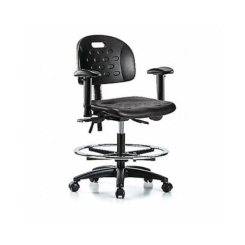 Blue Ridge Ergonomics HPMBCH-RG-T1-A1-CF-RC-BLK Newport Industrial Polyurethane Chair - Medium Bench Height with Seat Tilt, Adjustable Arms, Chrome Foot Ring, & Casters in Black Polyurethane