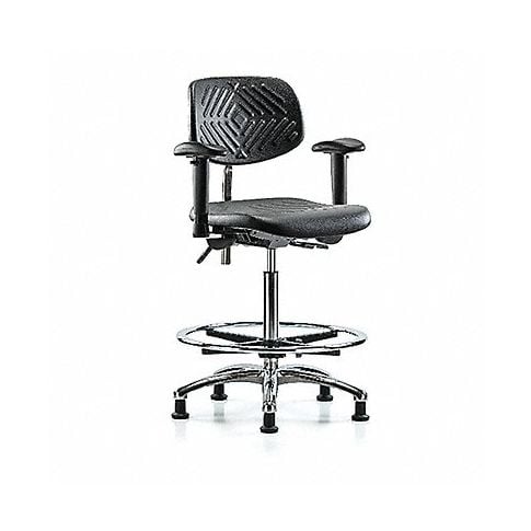 Blue Ridge Ergonomics NCR-PHBCH-CR-T0-A1-CF-RG-BLK Class 100 Polyurethane Clean Room Chair - High Bench Height with Adjustable Arms, Chrome Foot Ring, & Stationary Glides in Black Polyurethane
