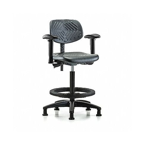 Blue Ridge Ergonomics PHBCH-RG-T1-A1-BF-RG-BLK Polyurethane Chair - High Bench Height with Seat Tilt, Adjustable Arms, Black Foot Ring, & Stationary Glides in Black Polyurethane