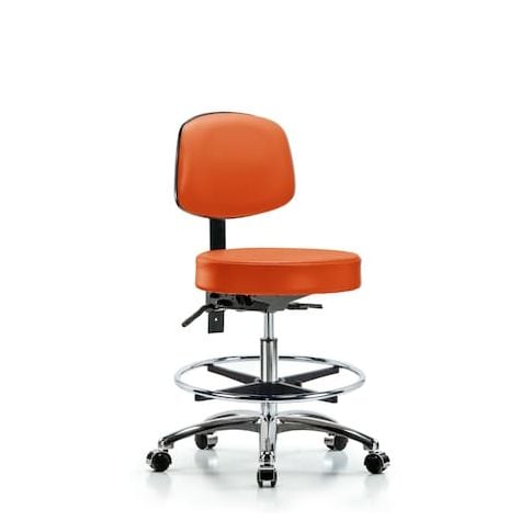 Blue Ridge Ergonomics VMBST-CR-T0-CF-CC-8613 Rutledge Vinyl Stool with Back Chrome - Medium Bench Height with Chrome Foot Ring & Casters in Orange Kist Trailblazer™ Vinyl