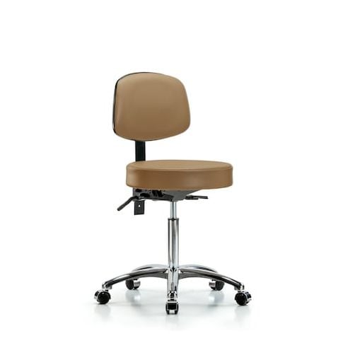 Blue Ridge Ergonomics VMBST-CR-T1-NF-CC-8584 Rutledge Vinyl Stool with Back Chrome - Medium Bench Height with Seat Tilt & Casters in Taupe Trailblazer™ Vinyl