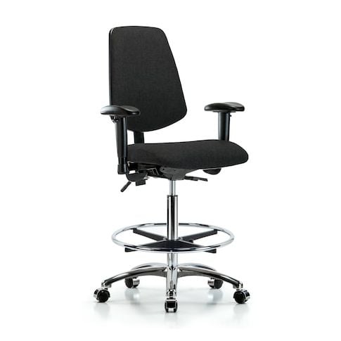 Blue Ridge Ergonomics FHBCH-MB-CR-T1-A1-CF-CC-F42 Rutledge Fabric Chair Chrome - High Bench Height with Medium Back, Seat Tilt, Adjustable Arms, Chrome Foot Ring, & Casters in Black Fabric
