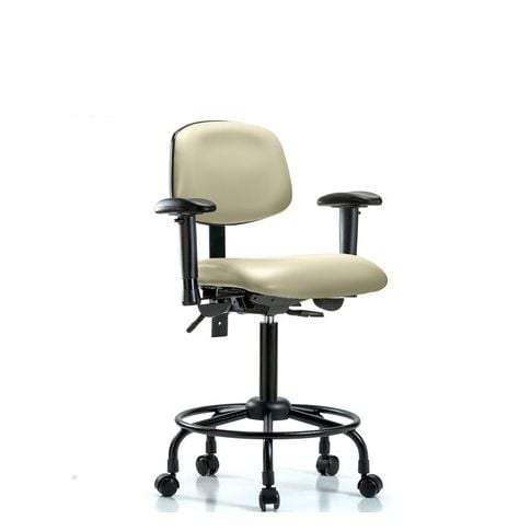Blue Ridge Ergonomics VMBCH-RT-T1-A1-RC-8501 Rutledge Vinyl Chair - Medium Bench Height with Round Tube Base, Seat Tilt, Adjustable Arms, & Casters in Adobe White Trailblazer™ Vinyl