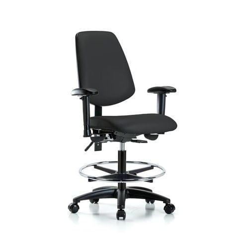 Blue Ridge Ergonomics VMBCH-MB-RG-T0-A1-CF-RC-8540 Rutledge Vinyl Chair - Medium Bench Height with Medium Back, Adjustable Arms, Chrome Foot Ring, & Casters in Black Trailblazer™ Vinyl