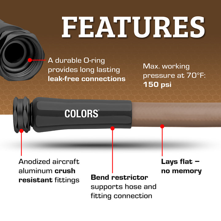 Colors HFZC505BR-E Std Grip Garden Hose 5/8" x 5' 3/4" - 11 1/2 GHT Fittings, Brown Mulch
