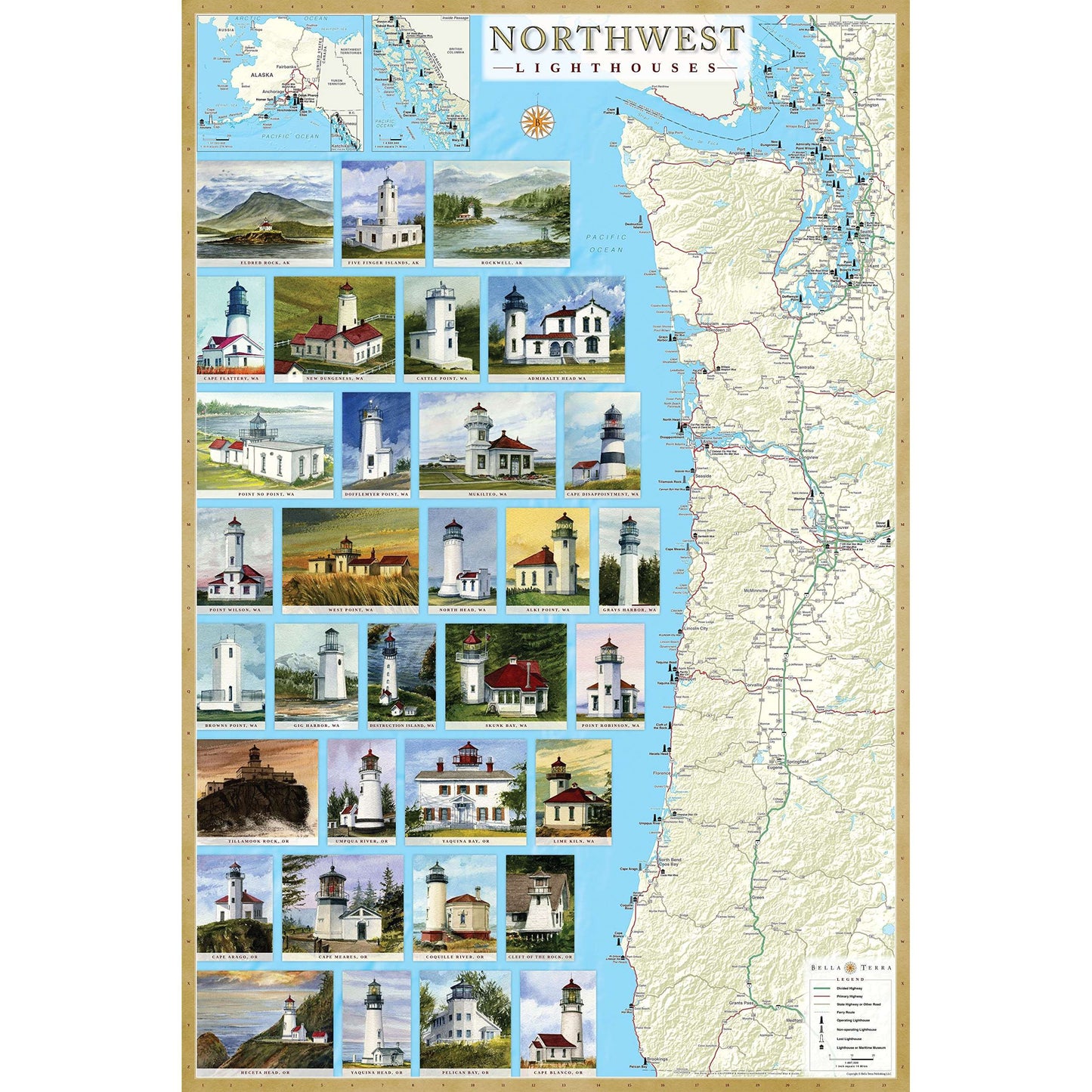 Paradise Clay BTR009 Northwest Lighthouses Illustrated Map & Guide Laminated Poster