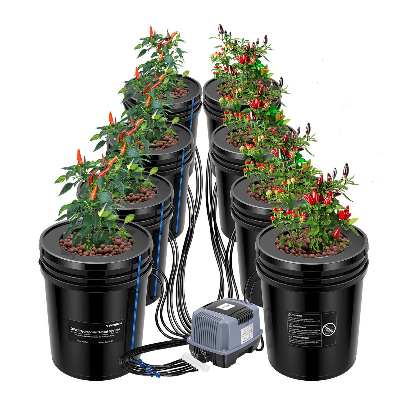 Vivosun 5 Gallon DWC Hydroponic System Kit (8 Bucket, Black)